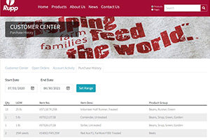 Screen shot of the Purchase History tab in the Rupp Customer Center
