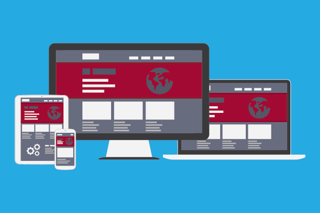 Image showing various electronic device types displaying a website at various sizes.