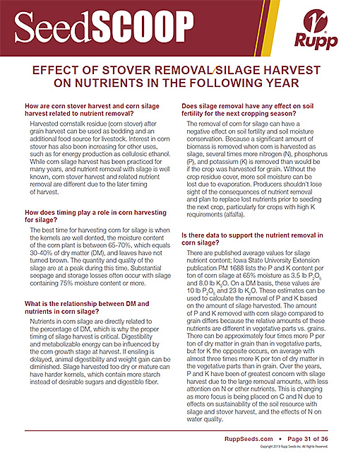 Screen shot image of SeedSCOOP publication discussing the effects of stover removal / silage harvest on nutrients in the following year.