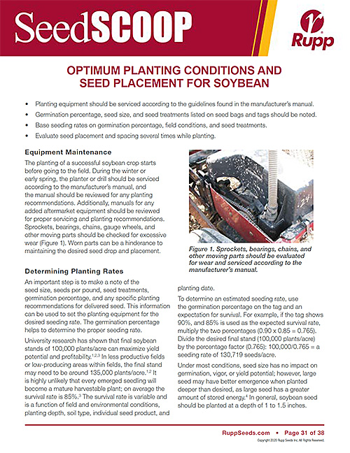 Screen shot image of SeedSCOOP publication discussing optimum planting conditions and seed placement for soybeans.