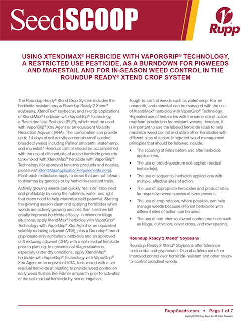Screen shot image of SeedSCOOP publication discussing using XtendiMax as a burndown for pigweeds and marestail and for in-season weed control in the Roundup Ready Xtend Crop System.